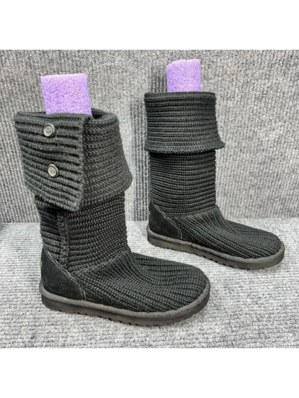 UGG Australia Classic Cardy Knit Boots Womens 7 Black Foldover Tall Sweater 5819